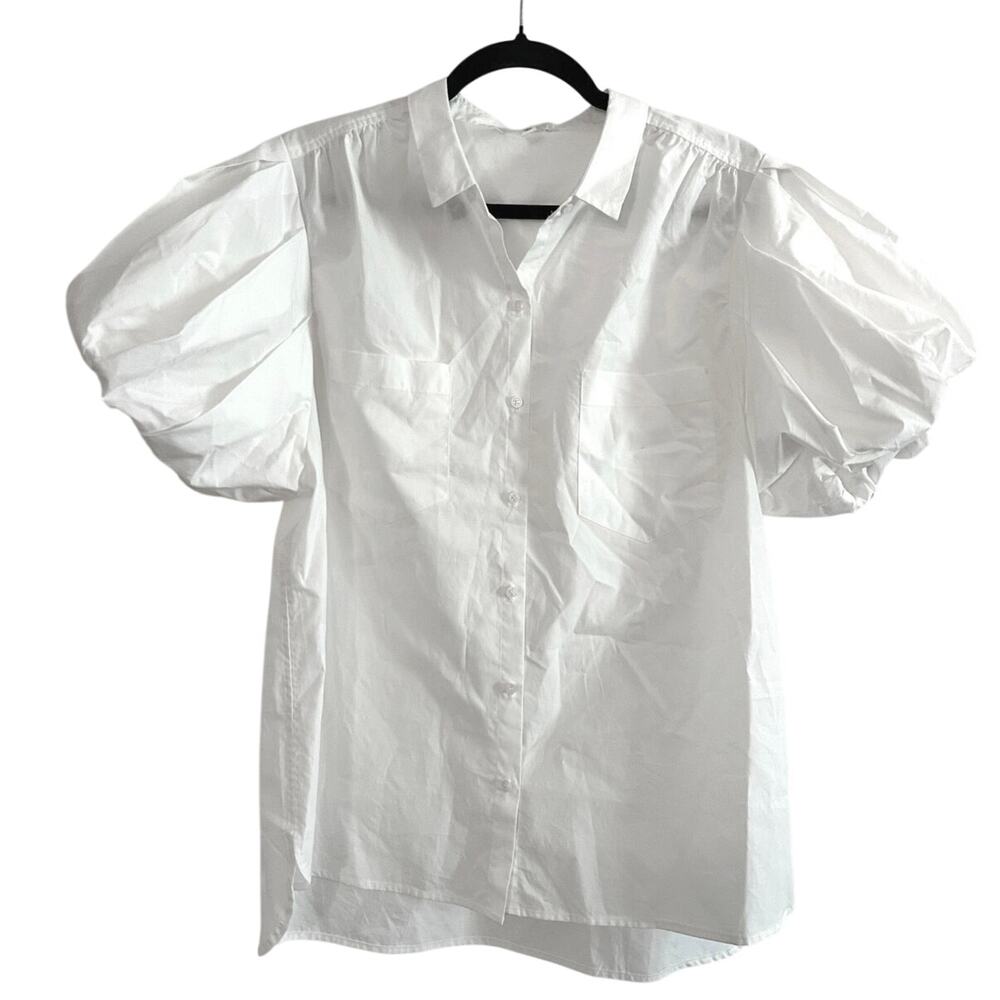 A LOVES A White Bubble Puff Sleeve Button Down Blouse Shirt Cotton - Sz Large